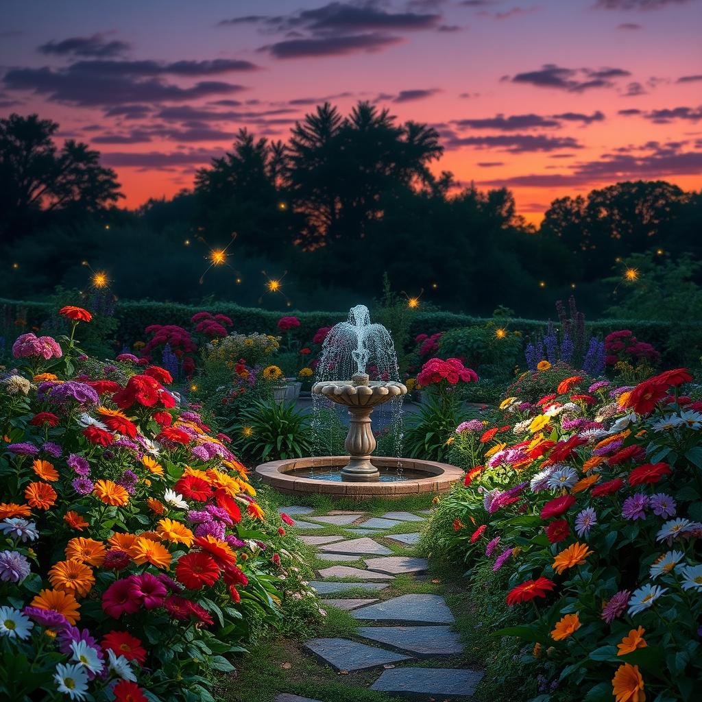 A vibrant and enchanting garden under a twilight sky, filled with a diverse array of blooming flowers in a palette of vivid colors