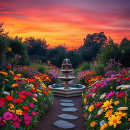 A vibrant and enchanting garden under a twilight sky, filled with a diverse array of blooming flowers in a palette of vivid colors