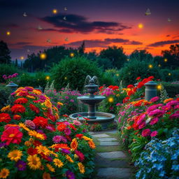 A vibrant and enchanting garden under a twilight sky, filled with a diverse array of blooming flowers in a palette of vivid colors