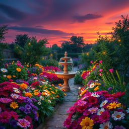 A vibrant and enchanting garden under a twilight sky, filled with a diverse array of blooming flowers in a palette of vivid colors