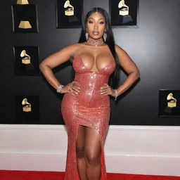 Megan Thee Stallion proudly posing with her Grammy awards on a red carpet, dressed in a stunning outfit, surrounded by flashing camera lights