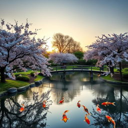 A serene Japanese garden in the spring, featuring cherry blossom trees in full bloom beside a tranquil koi pond