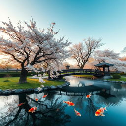 A serene Japanese garden in the spring, featuring cherry blossom trees in full bloom beside a tranquil koi pond