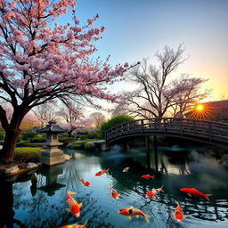 A serene Japanese garden in the spring, featuring cherry blossom trees in full bloom beside a tranquil koi pond