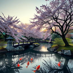 A serene Japanese garden in the spring, featuring cherry blossom trees in full bloom beside a tranquil koi pond