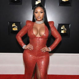 Megan Thee Stallion proudly posing with her Grammy awards on a red carpet, dressed in a stunning outfit, surrounded by flashing camera lights