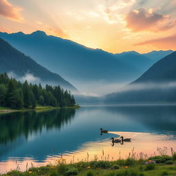 A beautiful and serene landscape featuring a tranquil lake surrounded by lush green forest trees and majestic mountains in the background