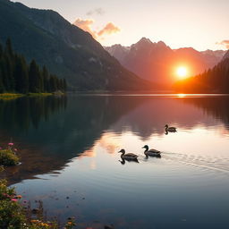 A beautiful and serene landscape featuring a tranquil lake surrounded by lush green forest trees and majestic mountains in the background