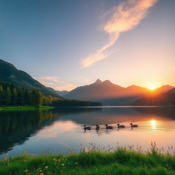 A beautiful and serene landscape featuring a tranquil lake surrounded by lush green forest trees and majestic mountains in the background