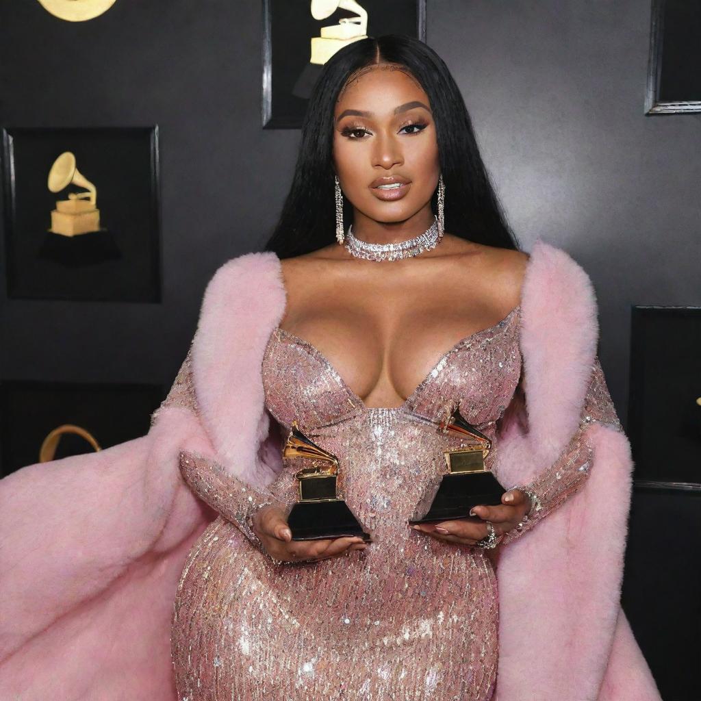 Megan Thee Stallion proudly posing with her Grammy awards on a red carpet, dressed in a stunning outfit, surrounded by flashing camera lights