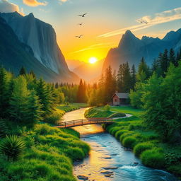 Create a peaceful and serene landscape where a gentle river flows through lush greenery, surrounded by tall, majestic mountains in the background