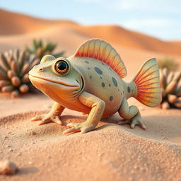 A whimsical desert-dwelling fish frog hybrid, depicting a creature that is part frog and part fish with sandy textures and aquatic fins, set against a backdrop of arid dunes and succulents