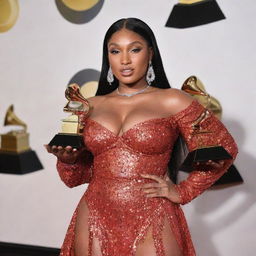 Megan Thee Stallion proudly posing with her Grammy awards on a red carpet, dressed in a stunning outfit, surrounded by flashing camera lights