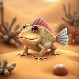 A whimsical desert-dwelling fish frog hybrid, depicting a creature that is part frog and part fish with sandy textures and aquatic fins, set against a backdrop of arid dunes and succulents