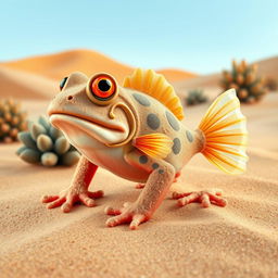 A whimsical desert-dwelling fish frog hybrid, depicting a creature that is part frog and part fish with sandy textures and aquatic fins, set against a backdrop of arid dunes and succulents