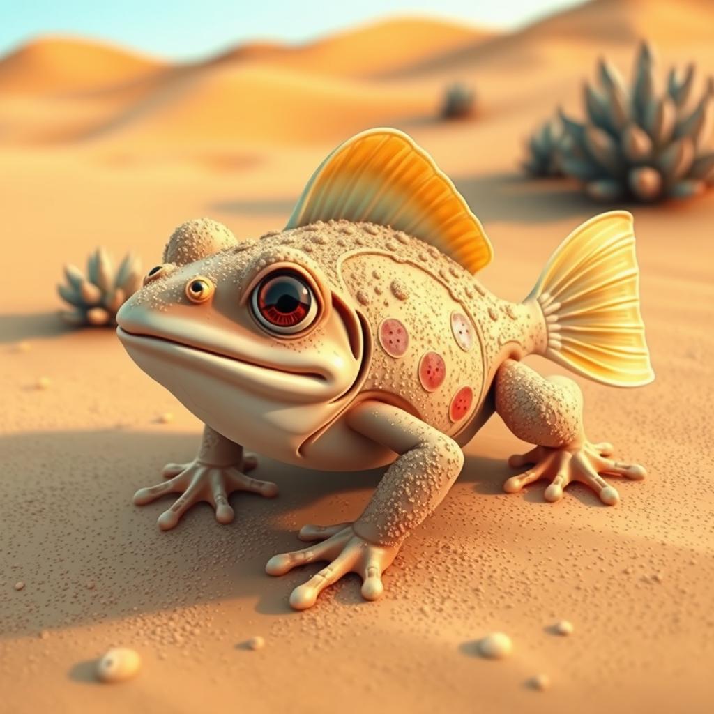 A whimsical desert-dwelling fish frog hybrid, depicting a creature that is part frog and part fish with sandy textures and aquatic fins, set against a backdrop of arid dunes and succulents