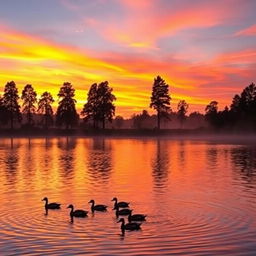 A beautiful sunset over a serene lake, with vibrant colors reflecting in the water