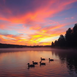 A beautiful sunset over a serene lake, with vibrant colors reflecting in the water