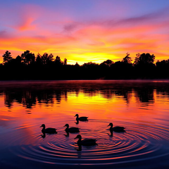 A beautiful sunset over a serene lake, with vibrant colors reflecting in the water