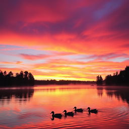 A beautiful sunset over a serene lake, with vibrant colors reflecting in the water