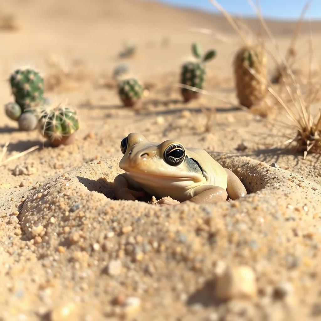 A desert fish frog, small in size, with a robust appearance and smooth skin resembling sand or dry soil