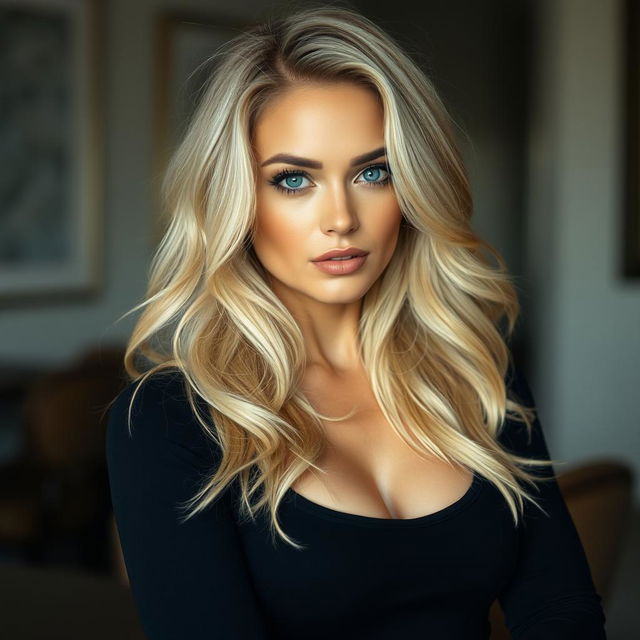 A hot Caucasian blonde woman with striking features and a confident expression