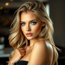 A hot Caucasian blonde woman with striking features and a confident expression