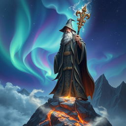 An awe-inspiring wizard standing on a rocky mountain peak, surrounded by swirling mist and magical energy