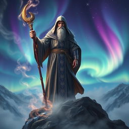 An awe-inspiring wizard standing on a rocky mountain peak, surrounded by swirling mist and magical energy