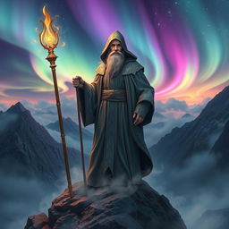 An awe-inspiring wizard standing on a rocky mountain peak, surrounded by swirling mist and magical energy