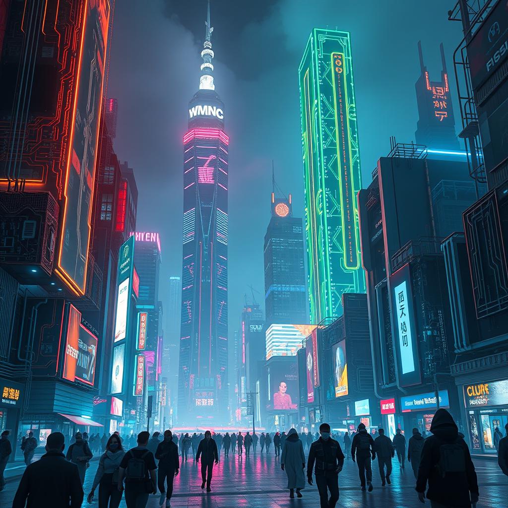 A futuristic cityscape glowing with neon lights and towering skyscrapers, featuring intricate electronic circuits integrated into the buildings