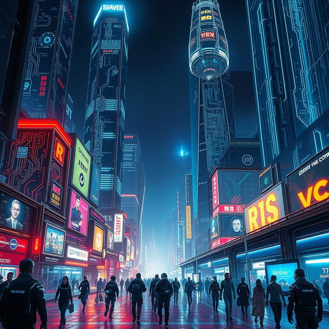 A futuristic cityscape glowing with neon lights and towering skyscrapers, featuring intricate electronic circuits integrated into the buildings