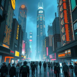 A futuristic cityscape glowing with neon lights and towering skyscrapers, featuring intricate electronic circuits integrated into the buildings