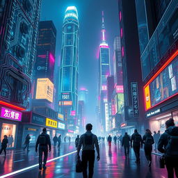 A futuristic cityscape glowing with neon lights and towering skyscrapers, featuring intricate electronic circuits integrated into the buildings