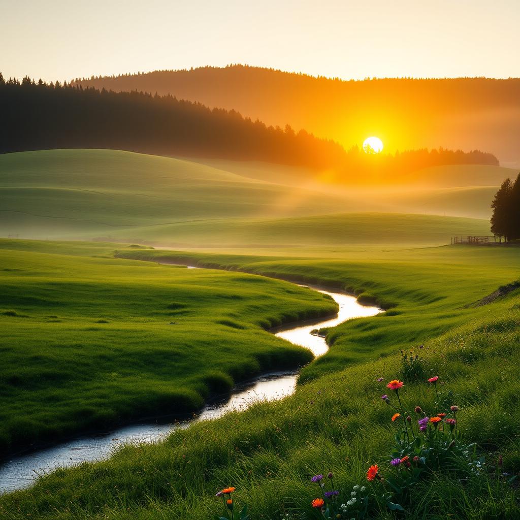 A serene landscape at sunrise, featuring a green, misty meadow bordered by a dense forest