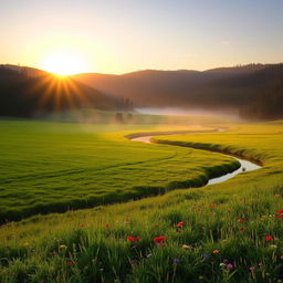 A serene landscape at sunrise, featuring a green, misty meadow bordered by a dense forest