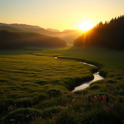 A serene landscape at sunrise, featuring a green, misty meadow bordered by a dense forest