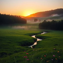 A serene landscape at sunrise, featuring a green, misty meadow bordered by a dense forest