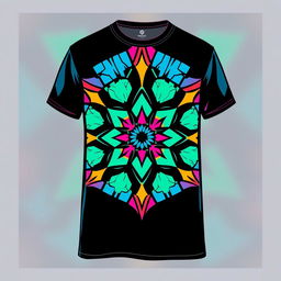 A creative and trendy t-shirt design featuring a unique graphical pattern that combines abstract geometric shapes with vibrant colors