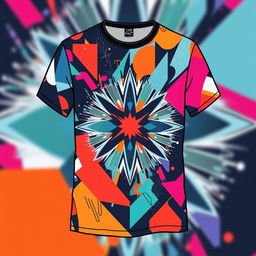 A creative and trendy t-shirt design featuring a unique graphical pattern that combines abstract geometric shapes with vibrant colors