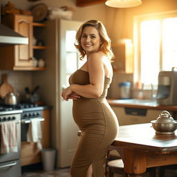 A voluptuous and beautiful housewife with an air of elegance and confidence, standing in a warm and inviting kitchen