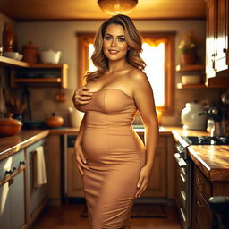 A voluptuous and beautiful housewife with an air of elegance and confidence, standing in a warm and inviting kitchen