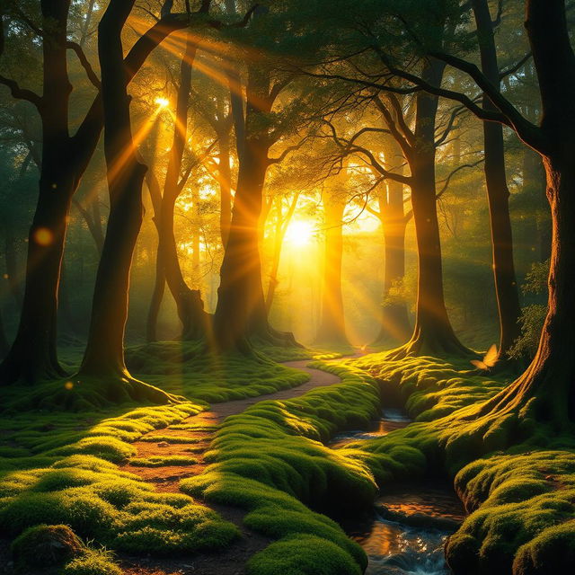 A serene and mystical forest at sunset, where the golden sunlight filters through the thick canopy, creating stunning beams of light