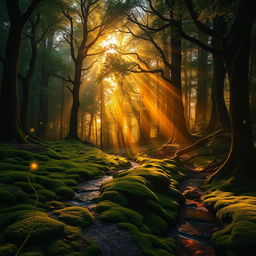 A serene and mystical forest at sunset, where the golden sunlight filters through the thick canopy, creating stunning beams of light