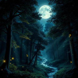 A majestic nocturnal forest scene illuminated by moonlight