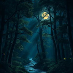 A majestic nocturnal forest scene illuminated by moonlight