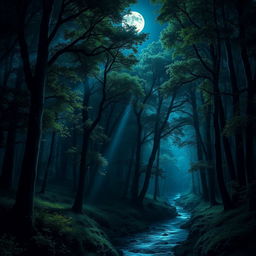 A majestic nocturnal forest scene illuminated by moonlight