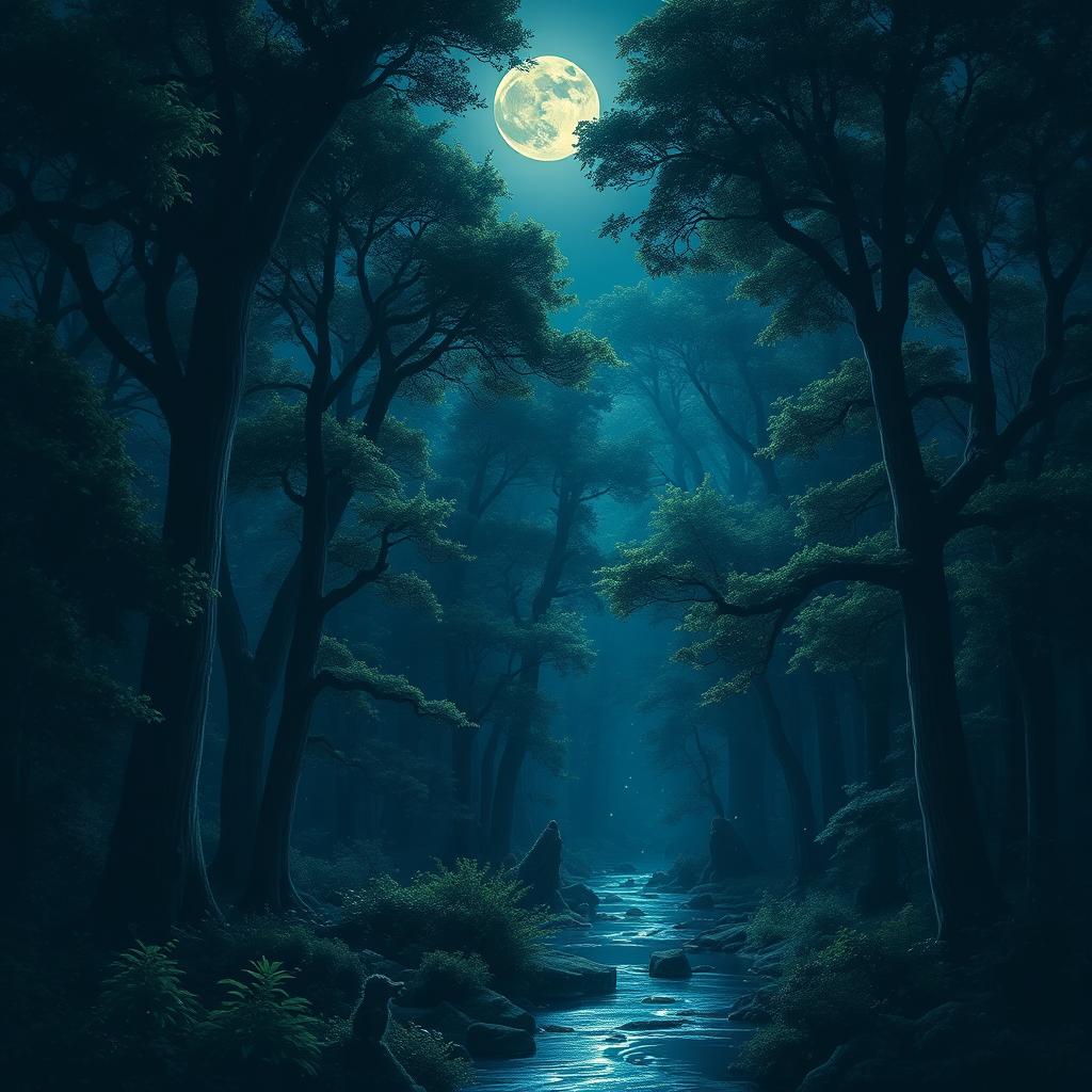 A majestic nocturnal forest scene illuminated by moonlight