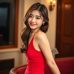 A sexy, cute Korean woman with an alluring gaze, wearing a vibrant red dress that hugs her figure perfectly