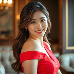 A sexy, cute Korean woman with an alluring gaze, wearing a vibrant red dress that hugs her figure perfectly